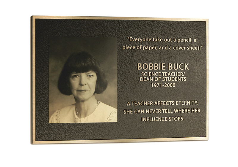 An example of a bronze memorial plaque for a beloved teacher