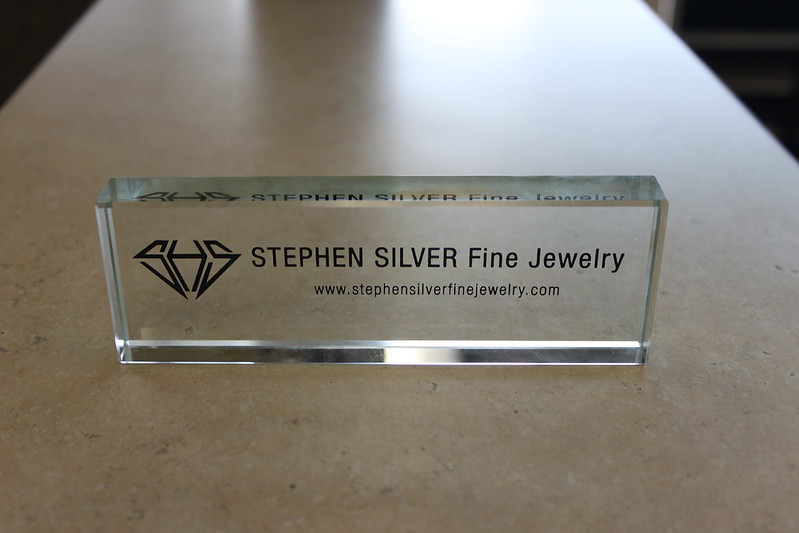 Desk nameplate plaque with etched glass design