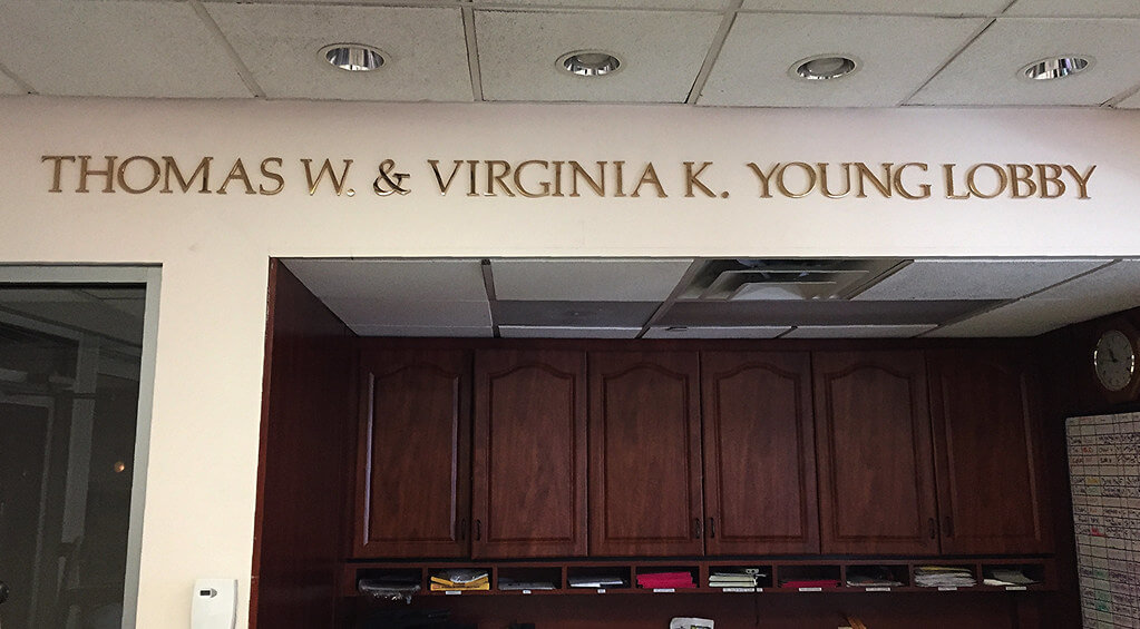 Lobby sign with bronze letters