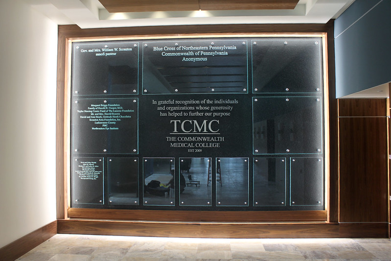 Donor wall with a backlit LED design for the Geisinger College of Health Sciences 