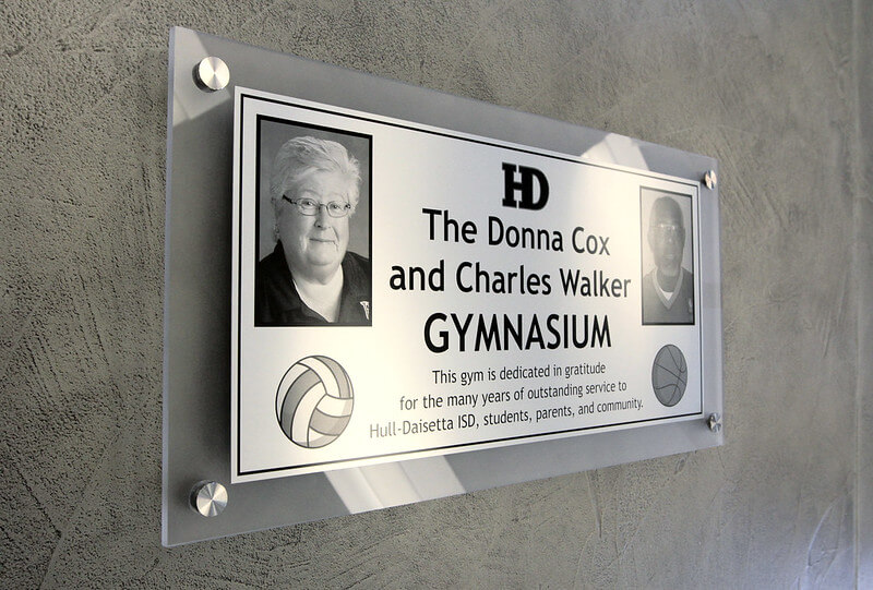 Acrylic dedication plaque for a school gymnasium 