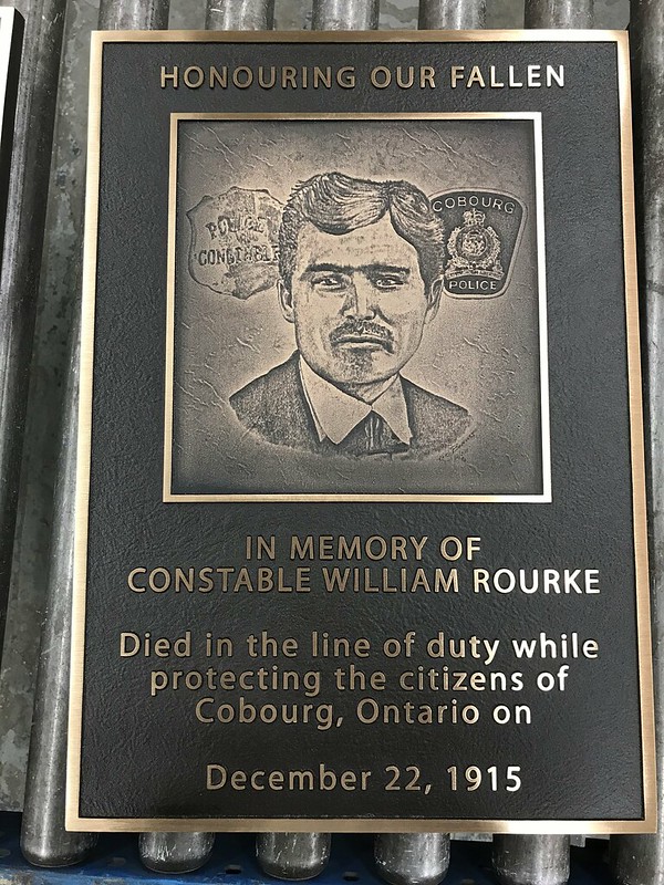 Photo relief plaque in memory of constable William Rourke, who died in the line of duty while protecting citizens of Cobourg, Ontario.