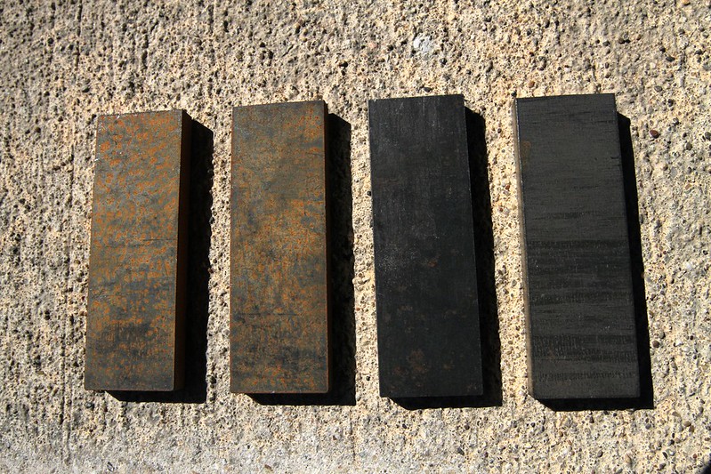 Corten steel slabs with different patinas accumulated over time